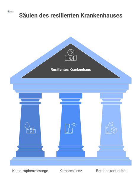 Diagramm eines resilienten Krankenhauses mit drei Säulen: Katastrophenvorsorge, Klimaresilienz und Betriebskontinuität, basierend auf dem Fundament des Facility Managements.