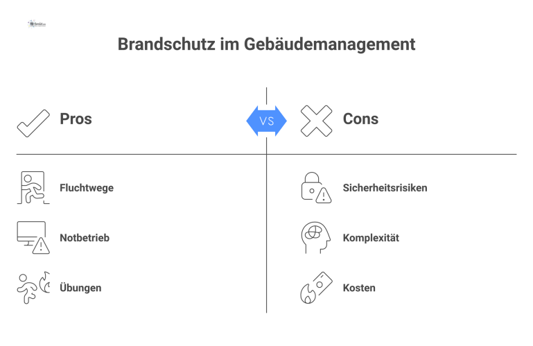 Resilienz im Gebäudemanagement und Brandschutz Infografik zur Resilienz im Gebäudemanagement mit Fokus auf Brandschutz, den Konflikt von Türen und Notbetriebsmaßnahmen wie Evakuierungsübungen.