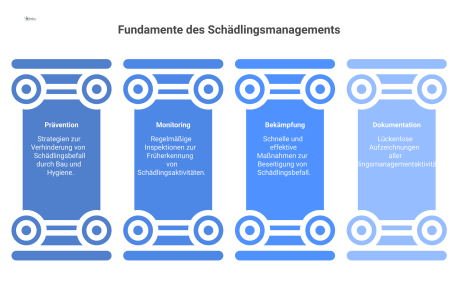 Infografik über die vier Säulen des Schädlingsmanagements im Krankenhaus: Prävention, Monitoring durch Fachfirmen, Bekämpfung und lückenlose Dokumentation. 