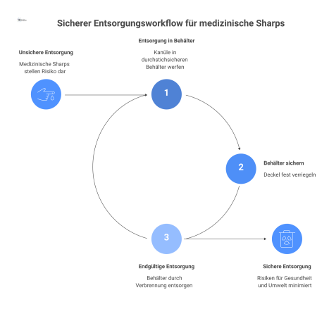 Infografik zur sicheren Entsorgung von Kanülen in einem gelben, durchstichsicheren Behälter mit Biohazard-Symbol und Füllstandsanzeige. 