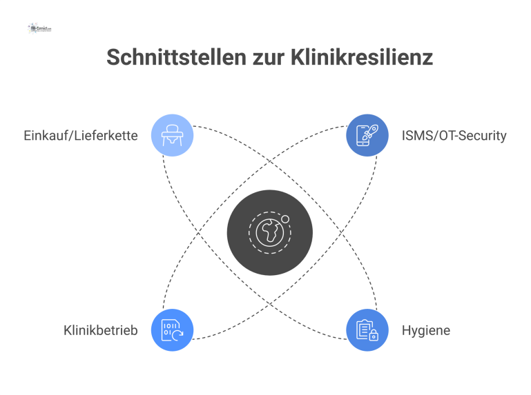 Ein Netzwerkdiagramm, das die Schnittstellen der Klinikresilienz zwischen ISMS/OT-Security, Hygiene, Klinikbetrieb und Einkauf zur Sicherstellung des Betriebs visualisiert.