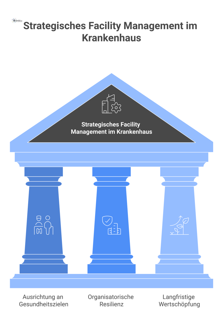 Diagramm zu den drei Säulen des strategischen Facility Managements im Krankenhaus: Gesundheitsziele, organisatorische Resilienz und langfristige Wertschöpfung. 
