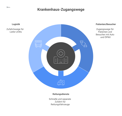 Infografik-Diagramm, das ein Krankenhaus mit getrennten Wegen für Patienten, Rettungsdienste und Logistik zur Darstellung effizienter Verkehrsströme zeigt.
