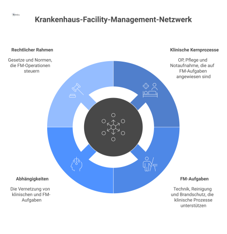 Ein Netzwerkdiagramm visualisiert die Abhängigkeiten zwischen klinischen Kernprozessen wie OP und kritischen Facility-Management-Aufgaben wie Reinigung und Brandschutz.
