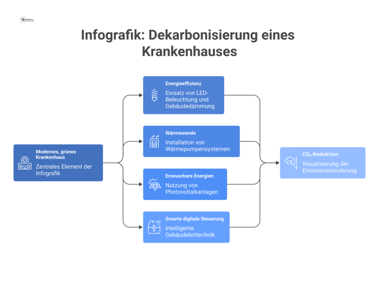 Infografik: Dekarbonisierung eines Krankenhauses Infografik eines Krankenhauses mit vier Icons für die Hauptmaßnahmen zur Dekarbonisierung: Energieeffizienz, Wärmewende, Photovoltaik und digitale Steuerung.