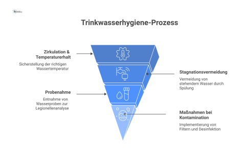 Infografik eines Wasserleitungssystems mit Warm- und Kaltwassersträngen, die die vier Kernbereiche der Trinkwasserhygiene nach DVGW W 551 visualisiert.