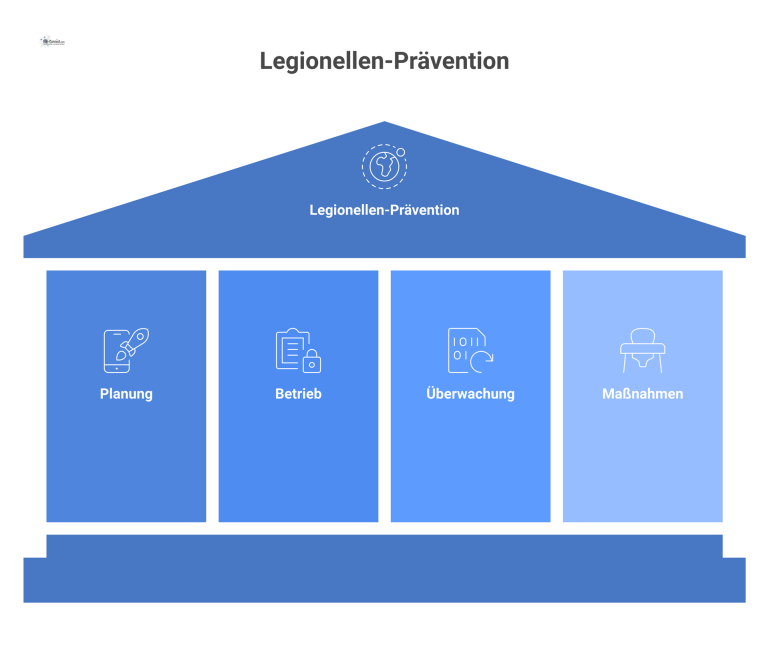 Vier Säulen der Legionellen-Prävention Infografik zu den vier Säulen der Legionellen-Prävention: Planung, Betrieb mit Temperaturkontrolle, Überwachung durch Probenahme und notwendige Maßnahmen.