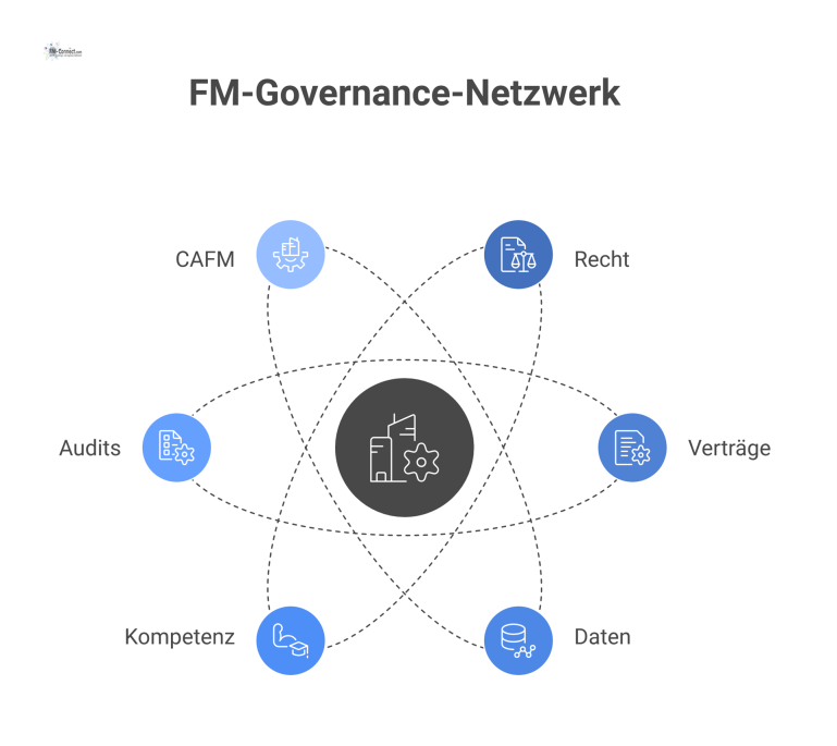 Netzwerkdiagramm zur FM-Governance mit dem zentralen Knoten 'Integriertes Managementsystem' umgeben von Knoten für Recht, Verträge, Daten, Kompetenz und Audits.