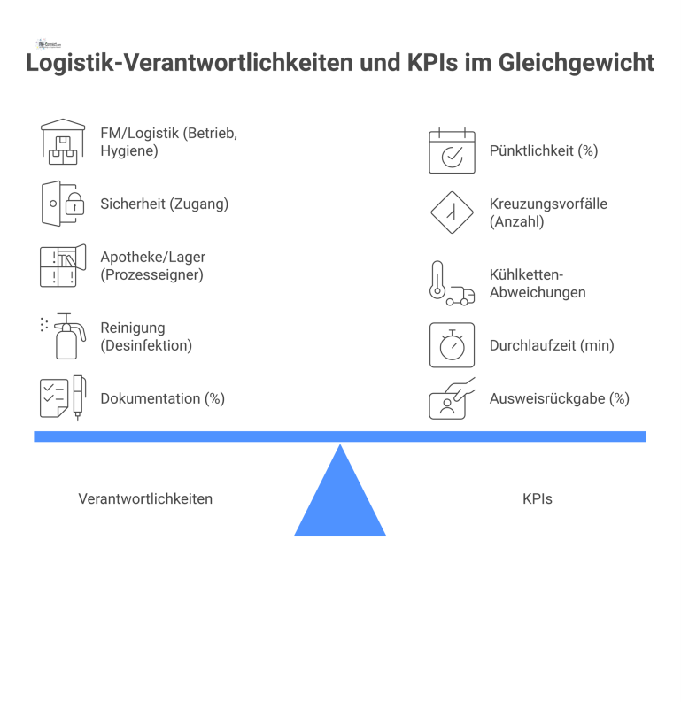 Ein Dashboard-Diagramm, das Logistik-Verantwortlichkeiten wie FM/Logistik und Sicherheit den dazugehörigen KPIs wie Pünktlichkeit und Durchlaufzeit gegenüberstellt. 
