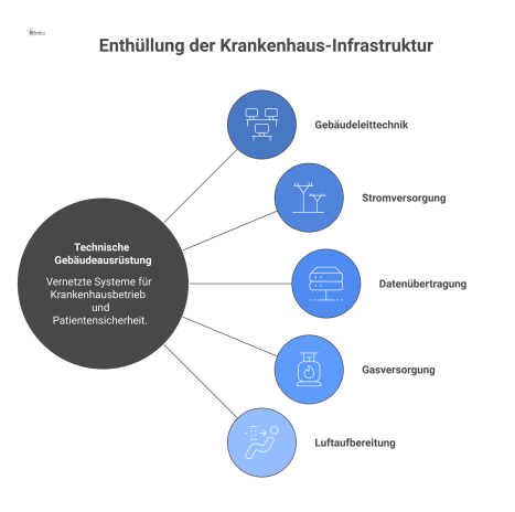 Infografik der vernetzten Gebäudeausrüstung in einem Krankenhaus. Eine zentrale Gebäudeleittechnik versorgt kritische Bereiche wie OP und Labor mit Strom und Daten.