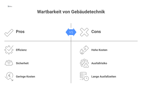  Infografik, die gut geplante, zugängliche Gebäudetechnik mit geringen Kosten neben schlecht erreichbarer Technik mit hohem Ausfallrisiko vergleicht.