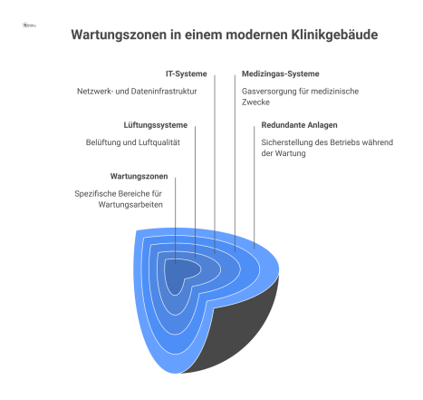 Ein detaillierter Querschnitt eines Klinikgebäudes, der Techniker bei der Wartung von Lüftungs-, IT- und Medizingas-Systemen in speziellen Zonen zeigt.