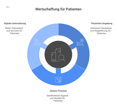 Infografik zeigt einen zufriedenen Patienten im Zentrum, umgeben von den Bereichen physische Umgebung, sichere Prozesse und digitale Unterstützung.
