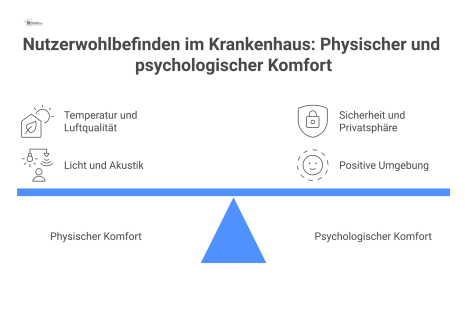  Infografik, die das Nutzerwohlbefinden im Krankenhaus in die zwei Säulen physischer und psychologischer Komfort unterteilt und jeden Punkt illustriert.