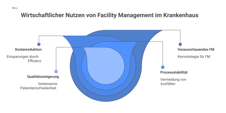 Wirtschaftlicher Nutzen von Facility Management Infografik zeigt, wie vorausschauendes Facility Management im Krankenhaus zu Kostenreduktion, Prozessstabilität und Qualitätssteigerung führt.