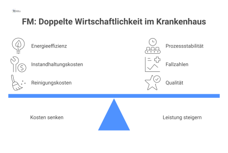Diagramm zur doppelten Wirtschaftlichkeit von FM, das links die Kostensenkung und rechts die Steigerung von Leistung und Erlösen darstellt.