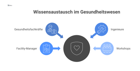 Diagramm, das den Wissensaustausch in Workshops zwischen Gesundheitsfachkräften, Ingenieuren und Managern zur Verbesserung der Patientensicherheit zeigt.