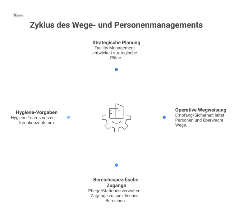 Diagramm der Zuständigkeiten für das Wege- und Personenmanagement, das die vier Bereiche Facility Management, Empfang/Sicherheit, Pflege und Hygiene zeigt.